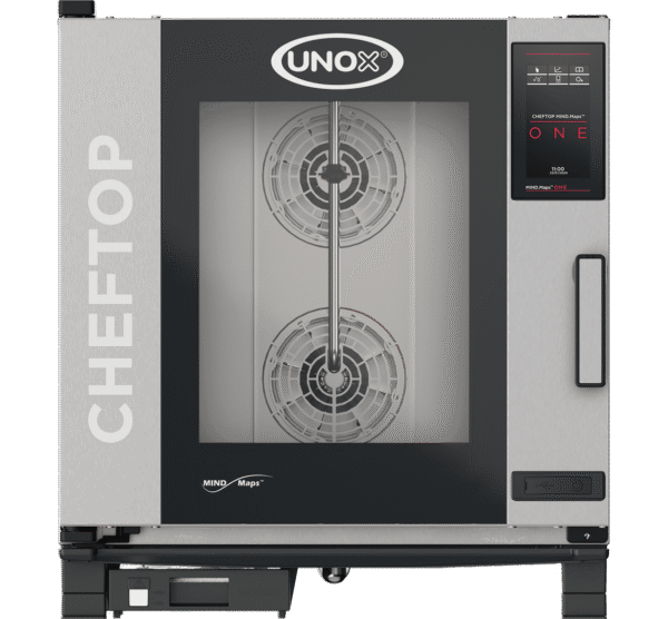 Unox Combi Oven XEVC-0711-E1RM (7 GN 1/1 Trays) 11.7 kW 67mm Tray Spacing Door Opening Type Hinge on the left side Touchscreen build Basic sealed panel Recipe Programs Up to 256 Basic